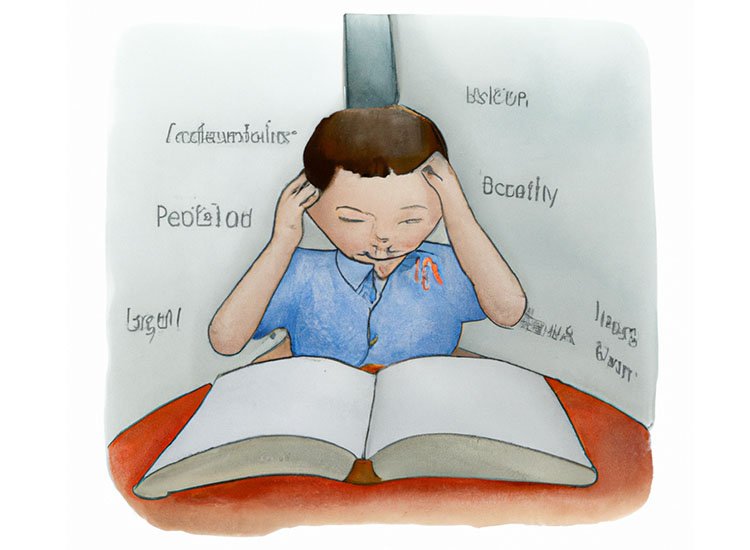 A pencil and watercolor drawing of a child with dyslexia struggling to read a book Symptoms of dyslexia by age