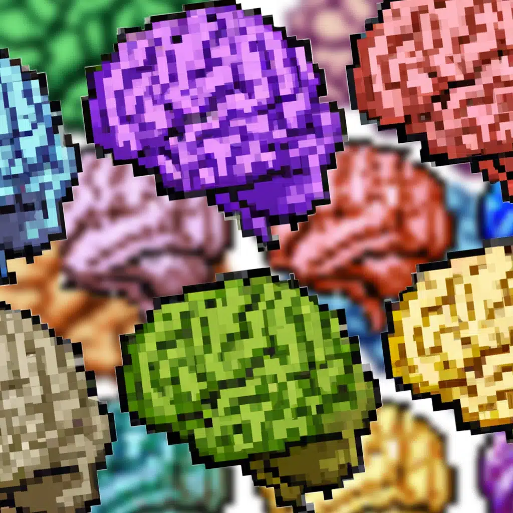 several brains of different colours, 8-bit style neurodivergent
